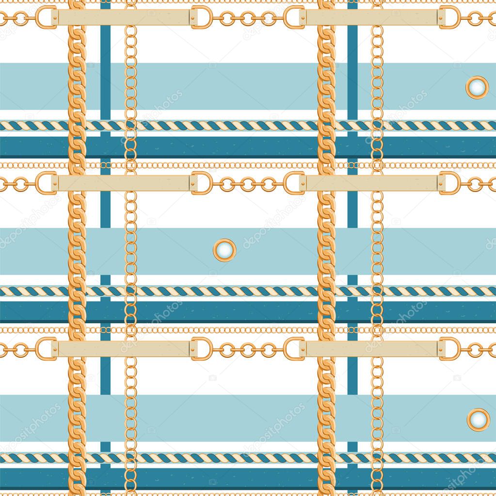 Checkered seamless pattern with golden chains, belts and rope.