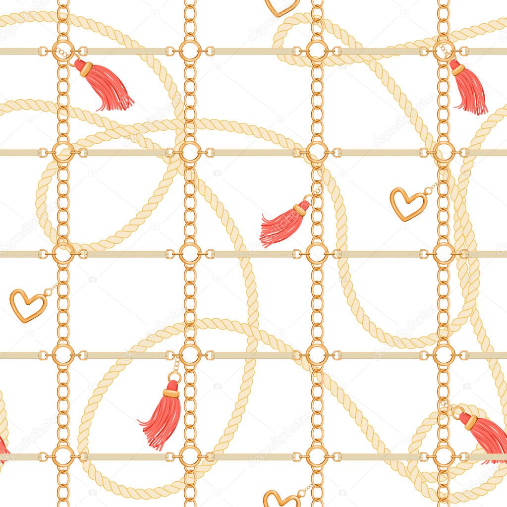 Checkered seamless pattern with golden chains, rope, tassels and belts.