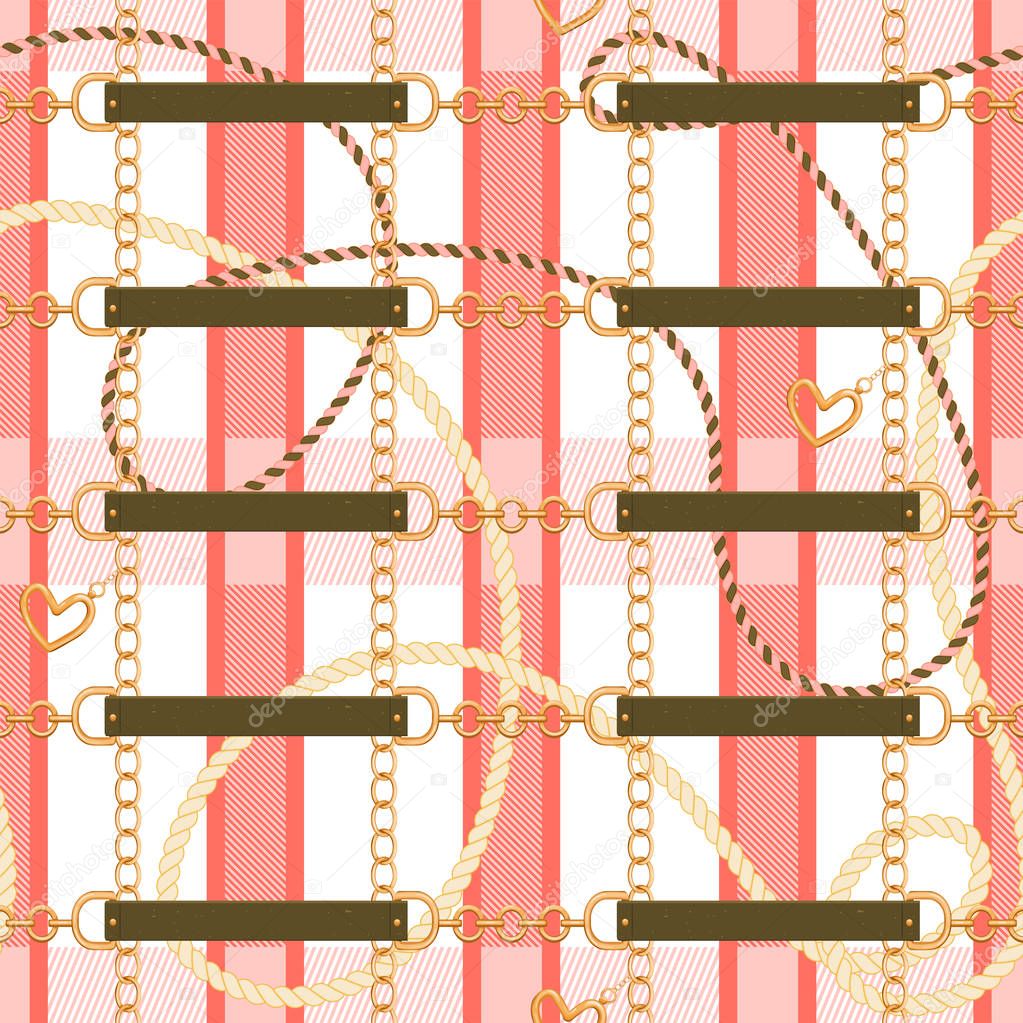 Abstarct seamless pattern with checkered print, chains, rope, heart and belts.