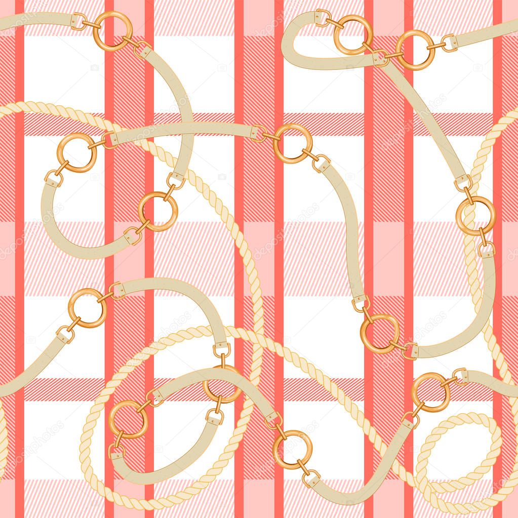 Abstarct seamless pattern with checkered print, rope and belts.