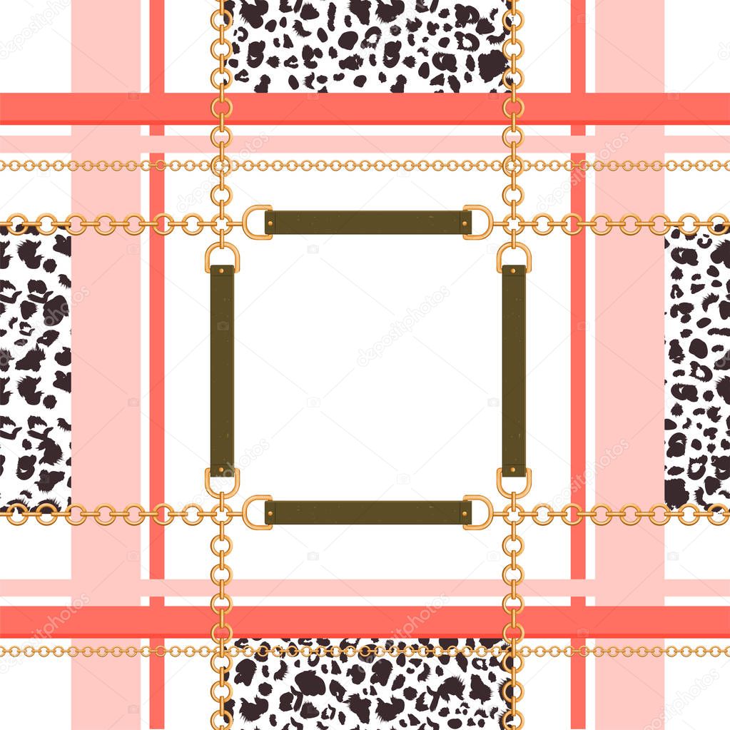 Abstract geometric seamless pattern with golden chains, belts and leopard skin.