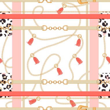 Altın zincirler, kemerler, püsküller ve leopar derisi ile soyut dikişsiz desen.