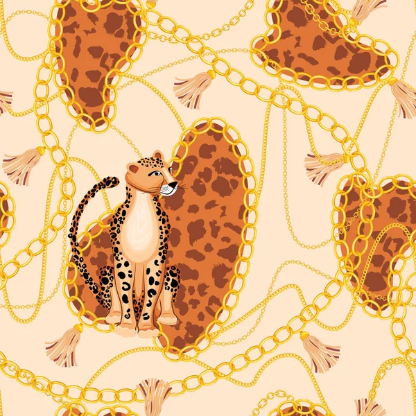 Mode tygmönster med Leopard, fläta och gyllene kedjor. — Stock vektor