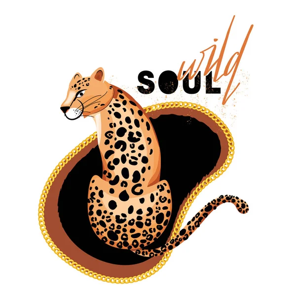 Модний слоган з леопардом і золотим ланцюжком для футболок . — стоковий вектор