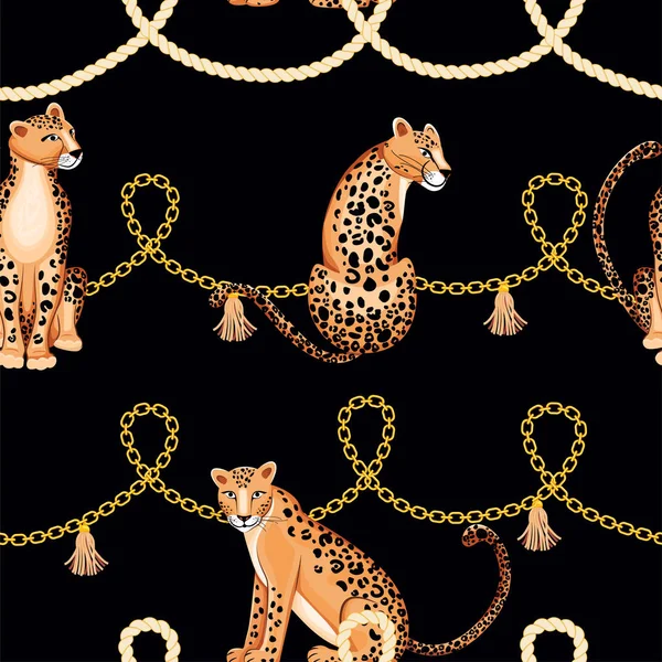 Sömlöst mönster med guldkedjor, Leopard, fläta och rep. — Stock vektor