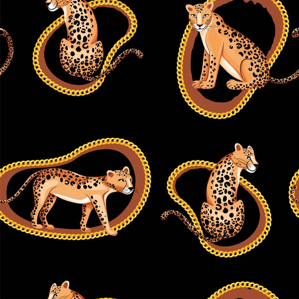 Seamless pattern with gold chains and leopards in different poses.