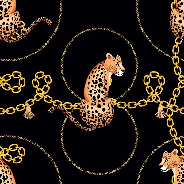 Trendigt sömlöst mönster med guldkedjor, Leopard och fläta. — Stock vektor