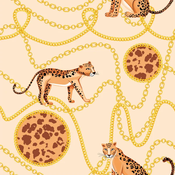 Trendigt sömlöst mönster med guldkedjor och Leopard. — Stock vektor