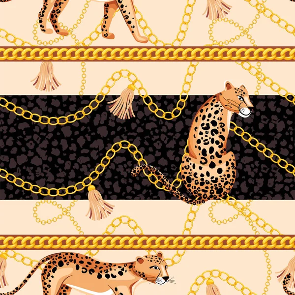 Mode tygmönster med Leopard, fläta och gyllene kedjor. — Stock vektor