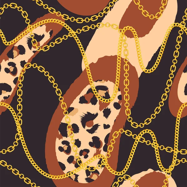 Mode tygmönster med Leopard hud och gyllene kedjor. — Stock vektor