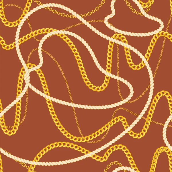 Trendigt sömlöst mönster med olika guldkedjor och rep. — Stock vektor