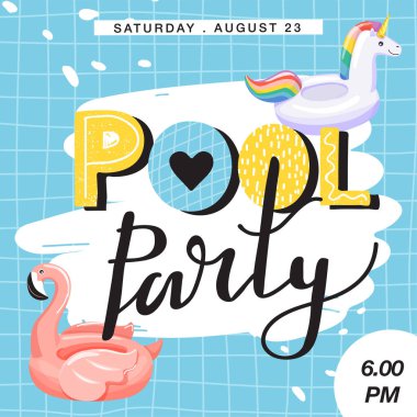 Havuz parti davetiye afişi. Yüzme havuzunda çeşitli şişme yüzme havuzu halkaları. 