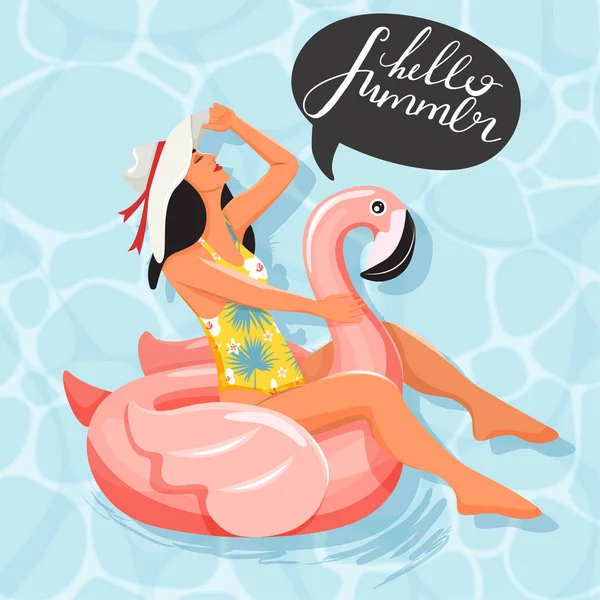 在游泳池里，妇女在可充气的火烈鸟状圆环上漂浮和日光浴. — 图库矢量图片