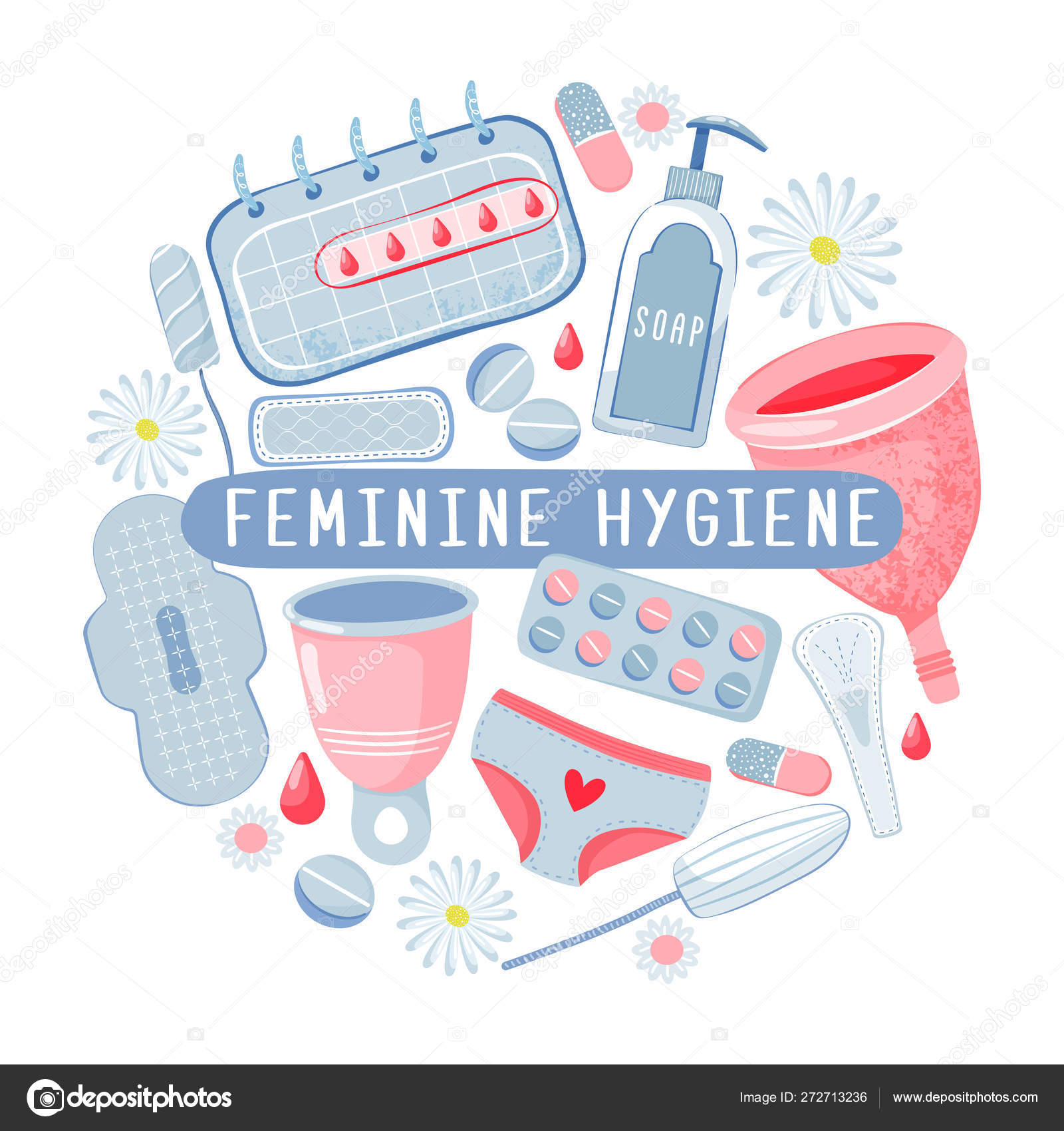 Feminine hygiene set in circle shape with menstrual cup, tampon, soap