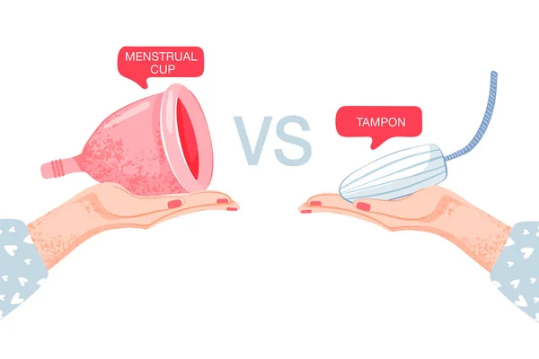 Elección entre tampones y copa menstrual. Tampón y taza en las manos . — Archivo Imágenes Vectoriales