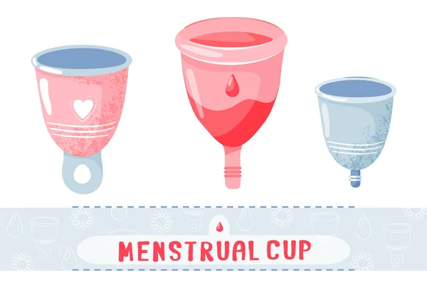 Állítsa be a különböző menstruációs csészék. Védelem a nők kritikus napjai. — Stock Vector