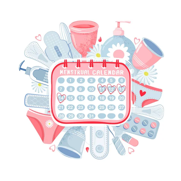 Igiene femminile a forma di cerchio con coppa mestruale, tampone, sapone, collant, calendario mestruale, assorbente, camomilla e pillole . — Vettoriale Stock