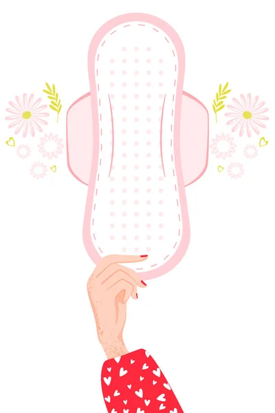 Sanitary napkin in hand with flowers. — Stock Vector
