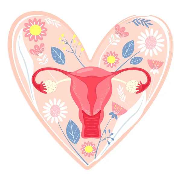 Woman reproductive health illustration with uterus and flowers in heart shape. — ストックベクタ