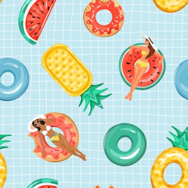 Ananas, karpuz ve donut şeklinde çeşitli şişme yüzme havuzu halkaları ile Dikişsiz desen.