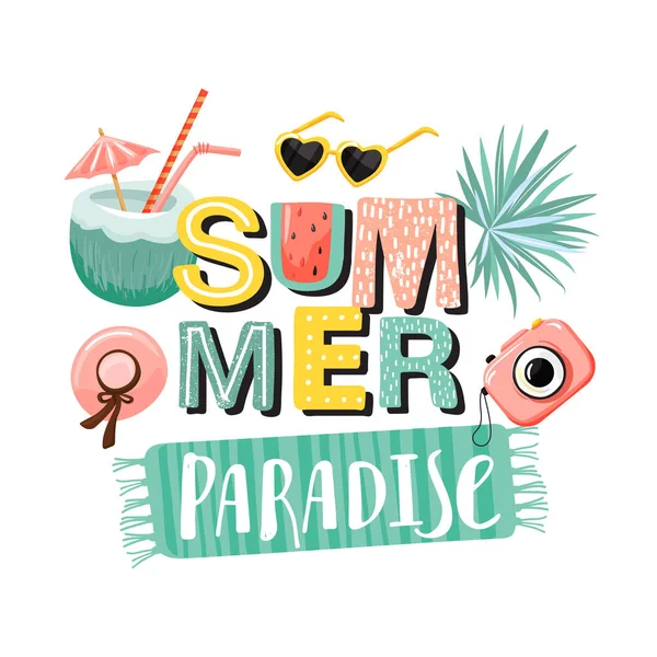夏季天堂旗帜。带有相机、椰子饮料、帽子、太阳镜和棕榈叶的创意字母. — 图库矢量图片