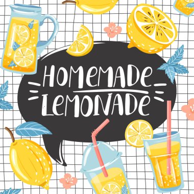 Limon ile yaz seti, limon dilim, nane, çiçek, limonata ile kavanoz.