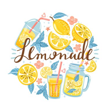 Limon, limon dilim, nane, çiçek, limonata ile kavanoz ve yazı ile yaz seti.