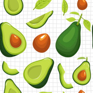 Avokado meyveleri, yaprakları, avokado dilimleri ile Dikişsiz moda deseni.