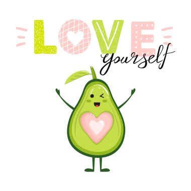 Kalp ve trendy yazı ile karikatür sevimli avokado karakter.
