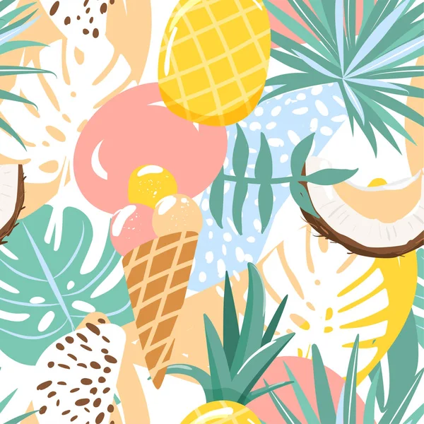 Modernes nahtloses tropisches Sommermuster mit Eis, Kokosnuss, Ananas, verschiedenen Blättern und abstrakten Elementen. — Stockvektor