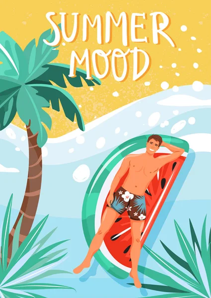 여름 인사말 카드입니다. 해변에서 일광욕을 하는 행복 한 잘생긴 남자. — 스톡 벡터