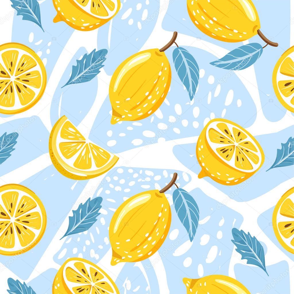 Contemporary seamless pattern with lemon, lemon slice, mint leaves and abstract element.