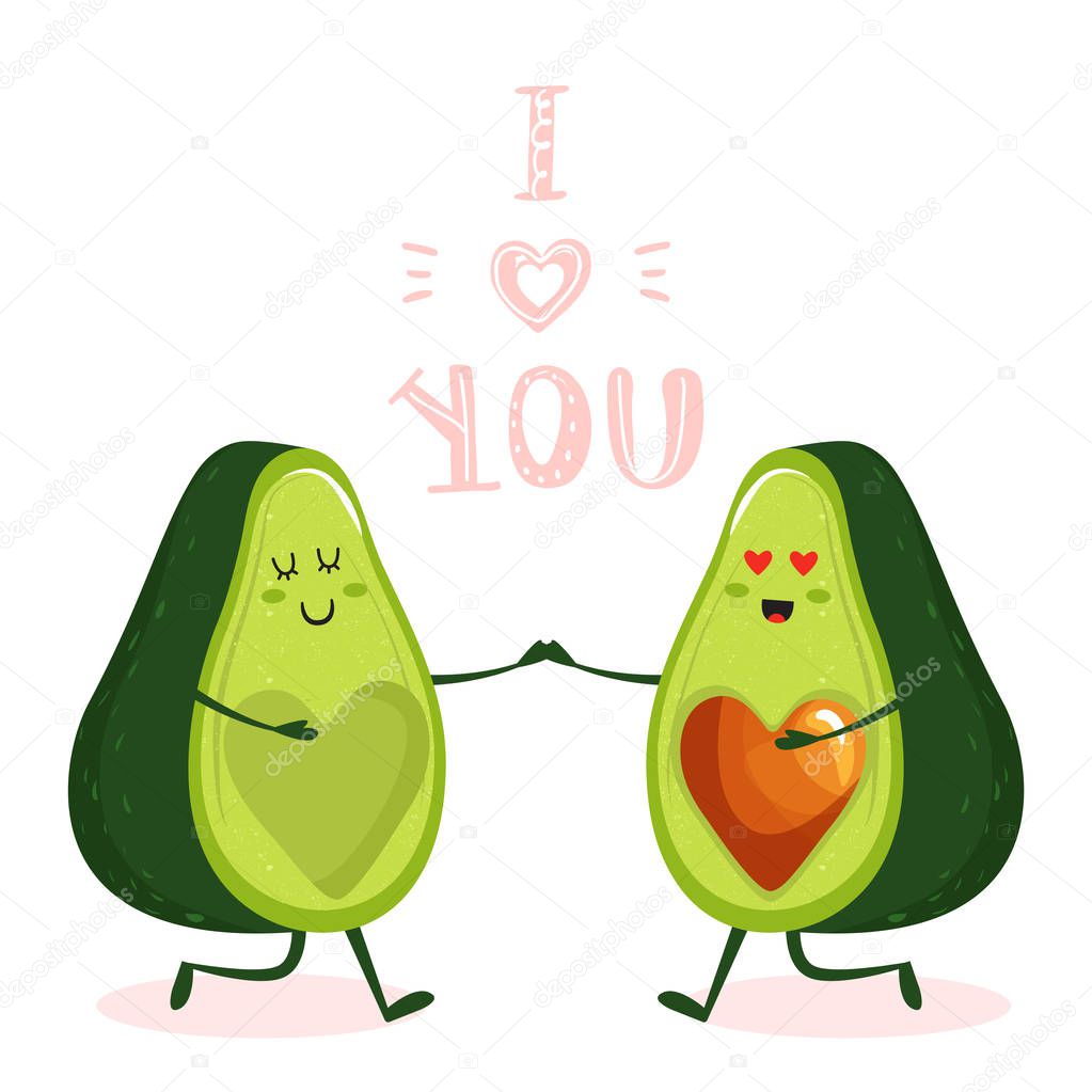 Cartoon cute avocado couple character with heart and trendy lettering.