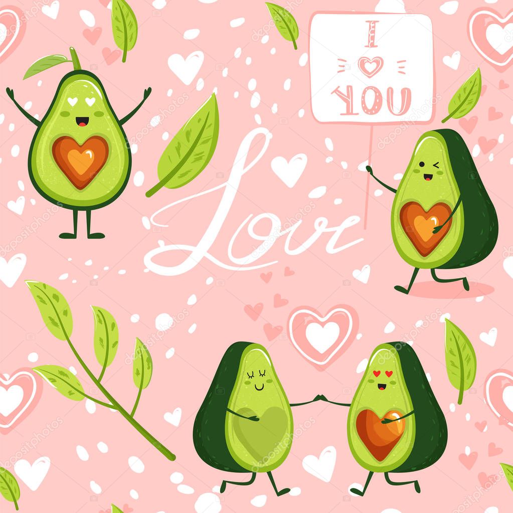 Contemporary seamless pattern with cartoon avocado couple character, avocado in love, lettering, leaves and abstract elements. 