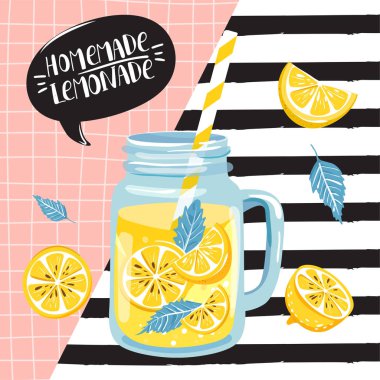 Limon, limon dilimi, nane, limonata ile kavanoz ile yaz seti.