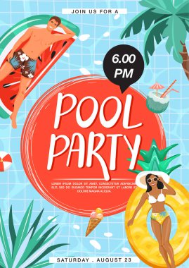 Havuz partisi davetiye afişi. Yüzme havuzunda şişme halkalar üzerinde yüzen ve güneşlenen çift.