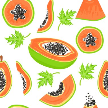 Papaya meyve, papaya dilimleri ve yaprakları ile Dikişsiz desen.