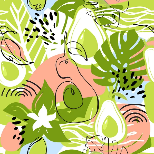 Moderne moderne nahtlose Muster mit Avocadofrüchten, Blättern und abstrakten Elementen. — Stockvektor