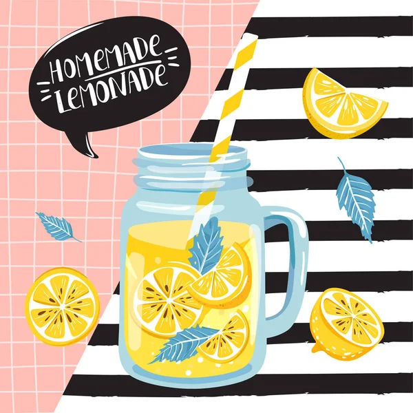 Летний набор с лимоном, ломтиком лимона, мятой, банкой с лимонадом . — стоковый вектор