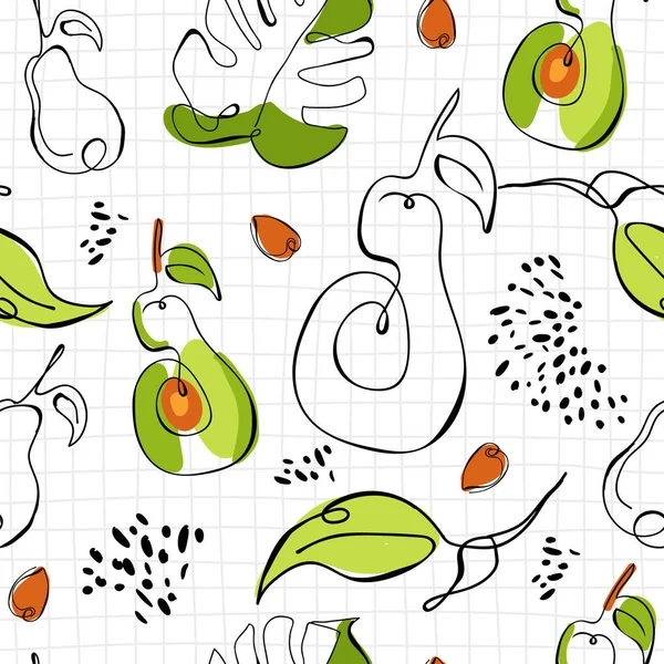 창조적 인 아보카도 과일, 잎, 몬스타 잎과 추상 적 요소와 현대 원활한 패턴. — 스톡 벡터