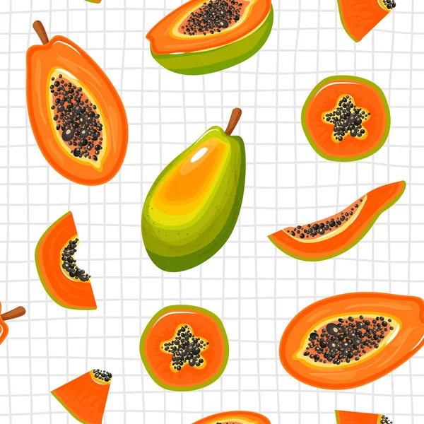 Ομαλή μοτίβο μόδας με φρούτα Παπάγια, φέτες παπάγια. — Διανυσματικό Αρχείο