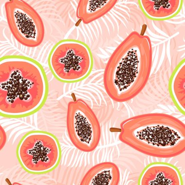 Papaya meyve ve tropikal yaprakları arka plan ile Dikişsiz egzotik desen.