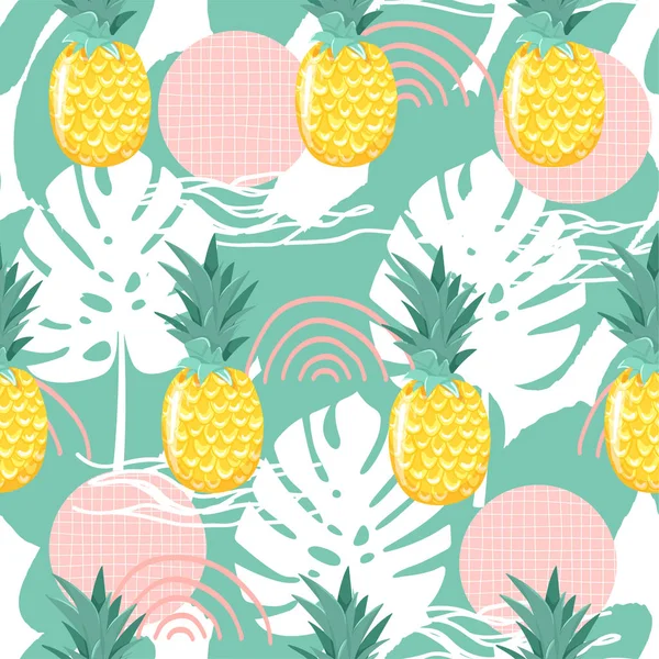 Ananas ve soyut unsurlar ile modern dikişsiz tropikal desen. — Stok Vektör