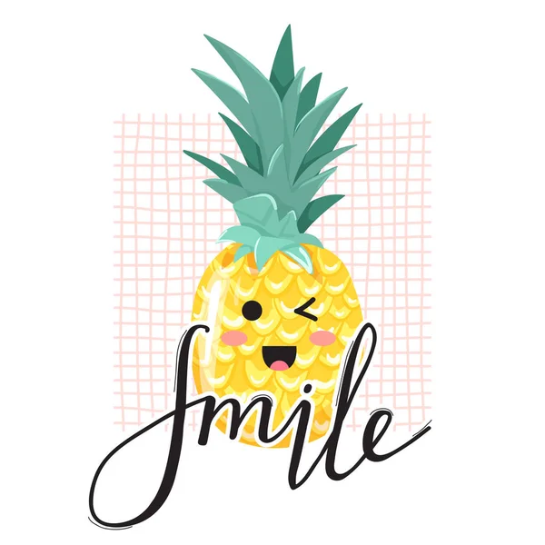 Şık tipografi sloganı tasarımı "Smile" işareti. Kawaii yüz ve trendy yazı ile Cool ananas. — Stok Vektör