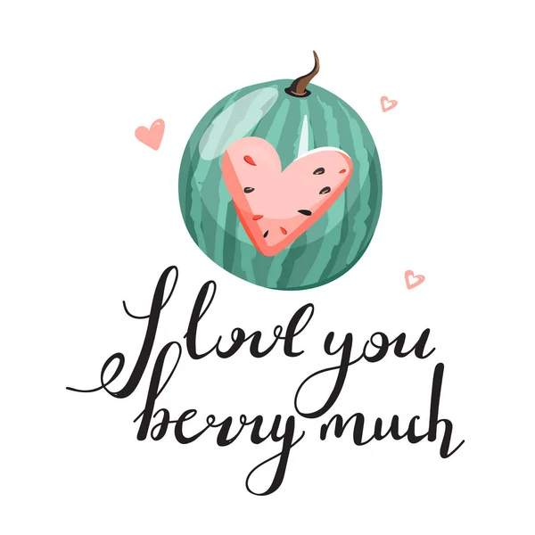 Stijlvolle typografie slogan ontwerp "Ik hou van je Berry veel" teken. Watermeloen met hart en trendy belettering. — Stockvector