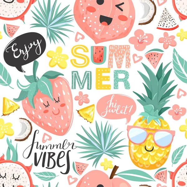 創造的な夏のコラージュ。かわいいパイナップル、桃、イチゴ、可愛い顔を持つドラゴンフルーツのキャラクターと現代的なシームレスなパターン. — ストックベクタ