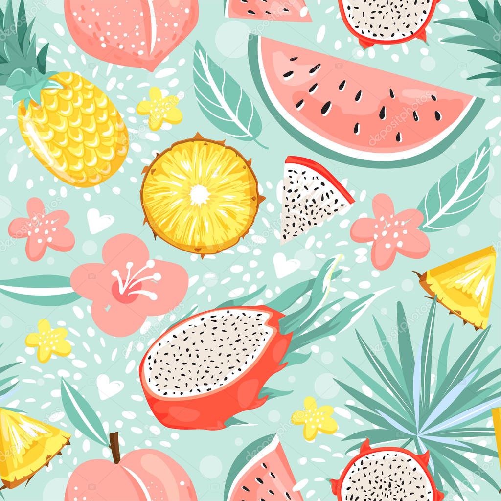 Modern seamless pattern with pineapple, dragon fruit, watermelon, peach, flowers, leaves and heart. Summer vibes.