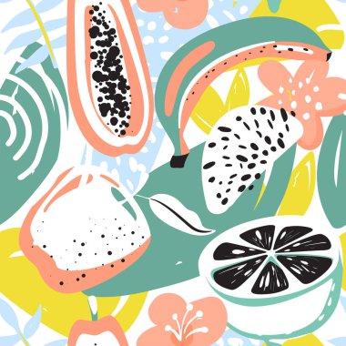 Elma, papaya, limon, çiçek ve muz ile modern dikişsiz tropikal desen.