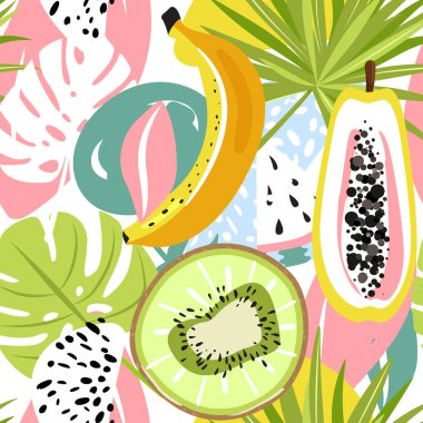Kivi, papaya, karpuz, muz ve tropikal yaprakları ile modern dikişsiz tropikal desen.