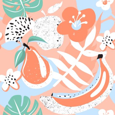 Elma, armut, çiçek, tropikal yaprakları ve muz ile Modern dikişsiz tropikal desen.